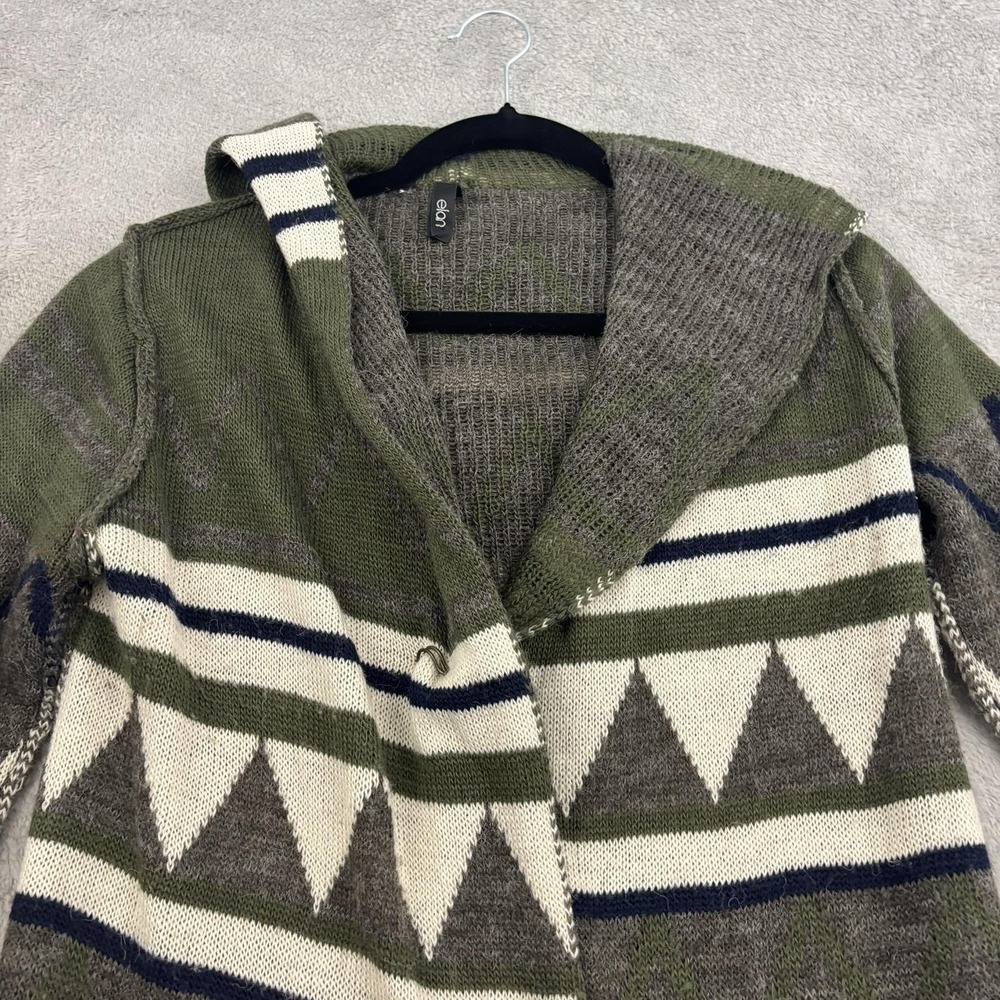 Elan Cardigan Wool Blend Sweater Womens S Olive Green Hooded Aztec Boho Goblin - Picture 3 of 16